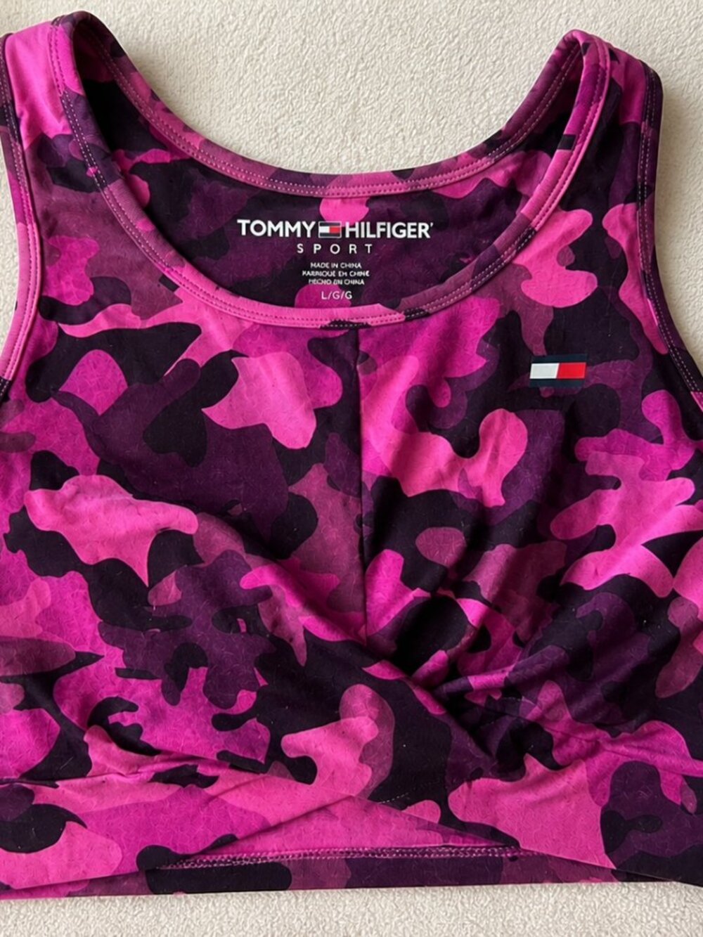 Tommy Hilfiger Sport Sports Bra Women’s Large Pink Purple Camo Athletic Crop Top